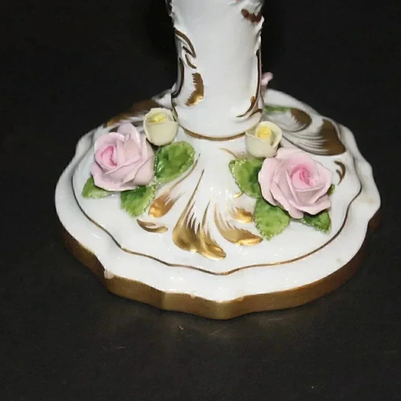 Vtg AK KAISER West Germany Porcelain Candle Holder Gold Yellow & Pink Roses - Picture 2 of 5